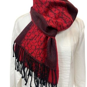 CALVIN KLEIN Red and Black Fringe Knit Logo Scarf  74" x 11"